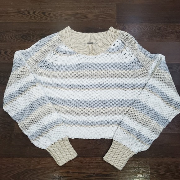 Free People Devon Striped Sweater Pullover Cropped Beige Size Large - Picture 6 of 10